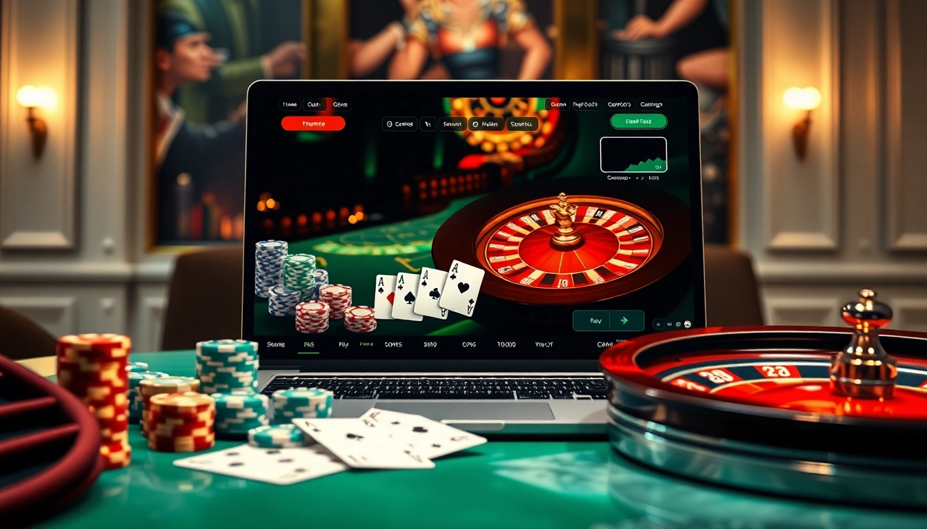 Vivez l'excitation sur un site de casino en ligne, mettant en avant des jetons de poker colorés et une roulette.