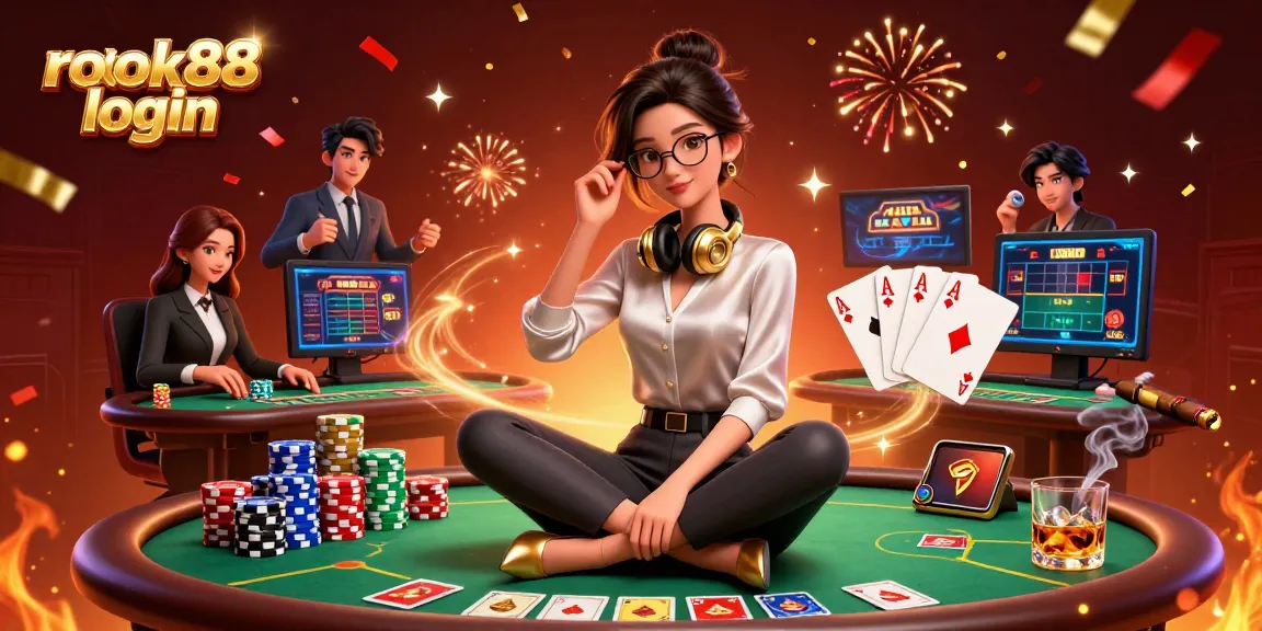 Experience the excitement of rokok88 login with a vibrant 3D casino scene featuring a professional gamer.