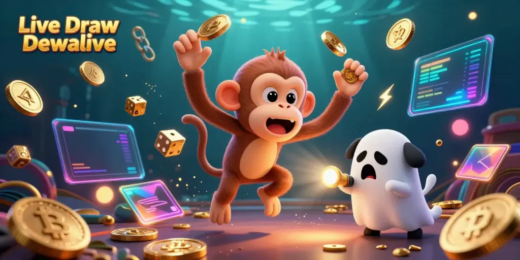Experience the excitement of Live Draw Dewalive with a poltergeist monkey and ghost-hunter puppy in a vibrant casino scene.