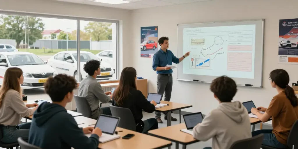 Driving school in Kishinev with students learning about traffic rules and driving techniques.