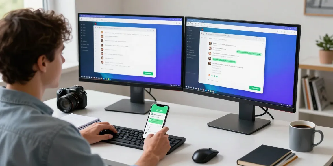 Dynamic workspace with WhatsApp電腦版 on dual monitors, showcasing productivity.