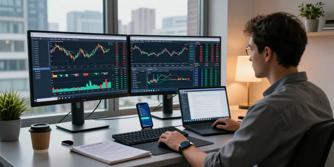 Trader analyzing mt4 forex charts on dual monitors at a modern workstation.
