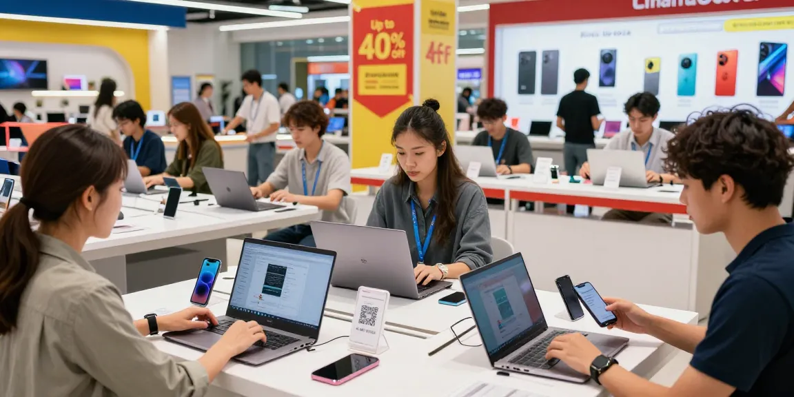 Shoppers engaging with discount offers on electronics at ROKOK88 marketplace, showcasing a lively e-commerce atmosphere.
