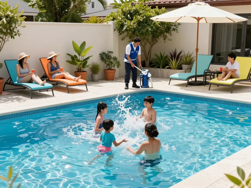 Dolphin Pool Services showcasing a family enjoying their well-maintained pool while a professional inspects the equipment.
