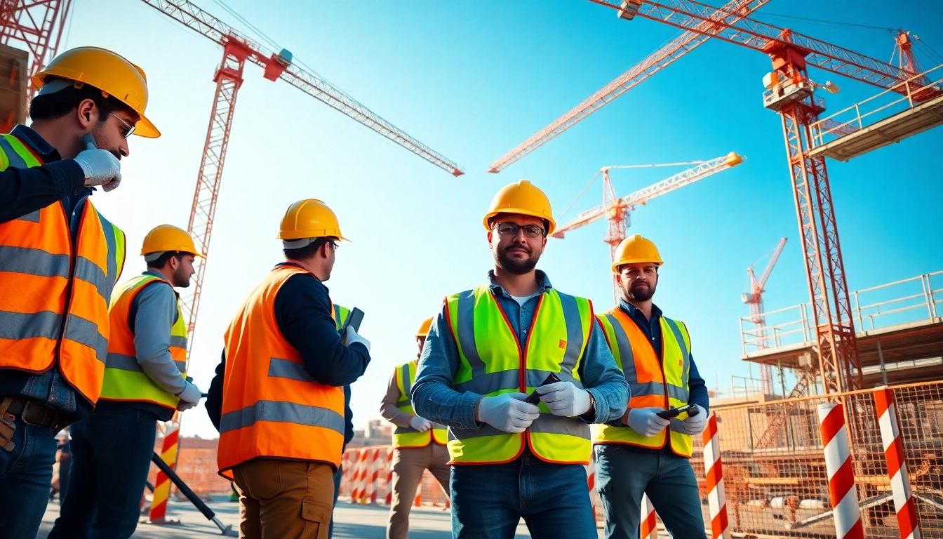 Ensuring construction site safety with workers in protective gear actively engaged in safety practices.