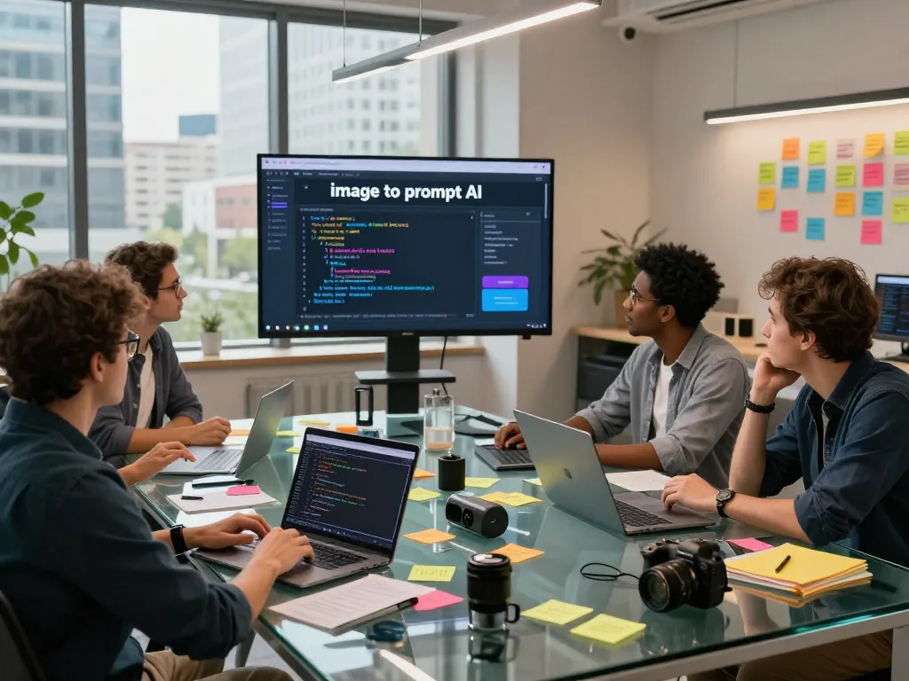 Dynamic team collaborating on image to prompt ai tool development in a modern workspace.