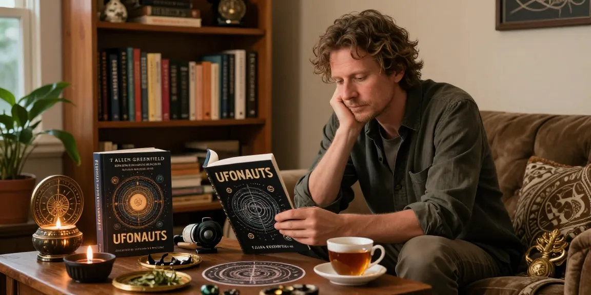 Explore T Allen Greenfield's award-winning UFOnauts at https://tallengreenfield.com in a cozy reading nook filled with spiritual elements.