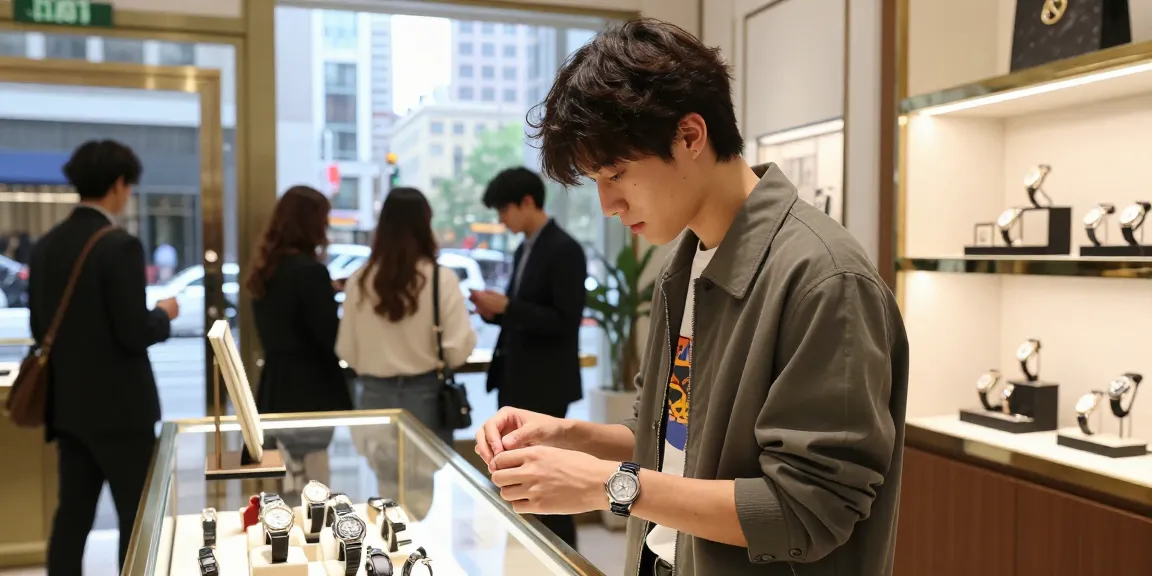 Stylish individual exploring 시계 레플리카 collection in an upscale boutique.