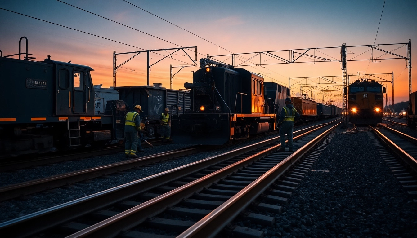 Emergency Railroad Repair team replacing damaged tracks with heavy machinery at twilight.
