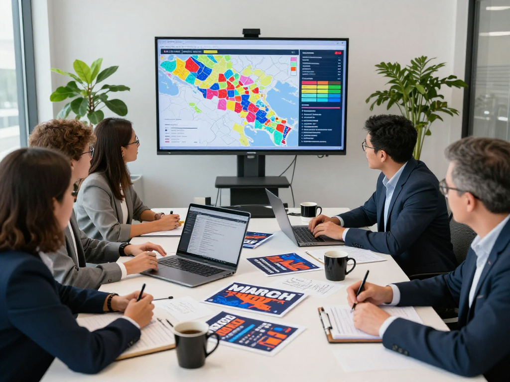 Dynamic political email list building strategy session with a diverse campaign team analyzing voter data