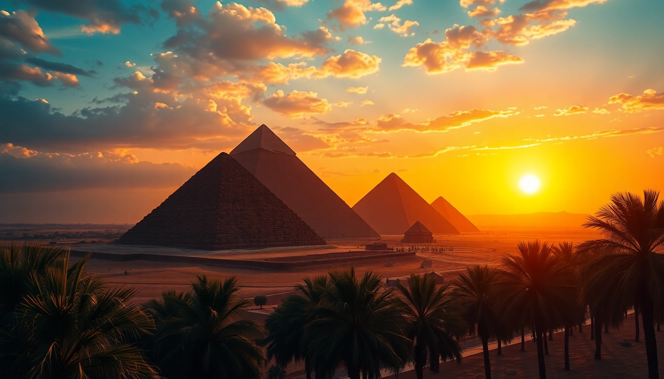 Explore the ancient pyramids of Giza seen from above at https://piraminds.com/, illuminated by a stunning sunset.