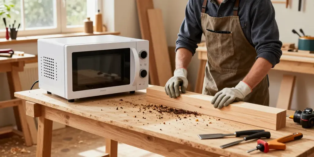 SHASHEL® microwave device showcased in an organized workshop efficiently eliminating wood-boring insects.