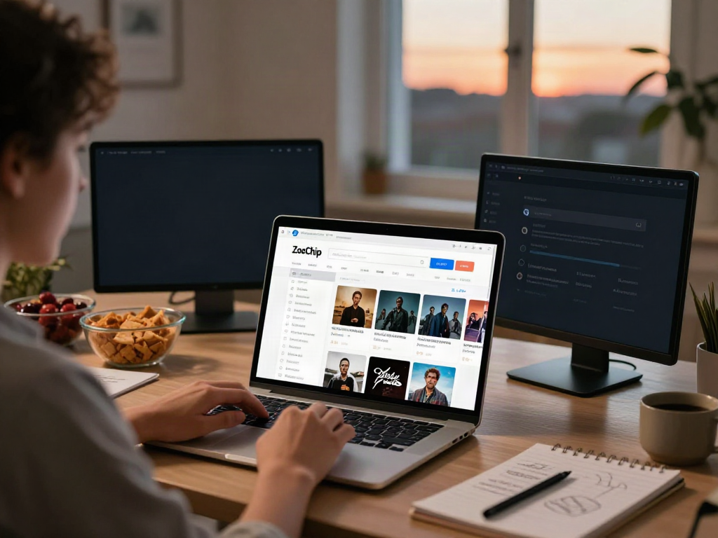 ZoeChip movie streaming experience in a cozy home office with warm lighting.