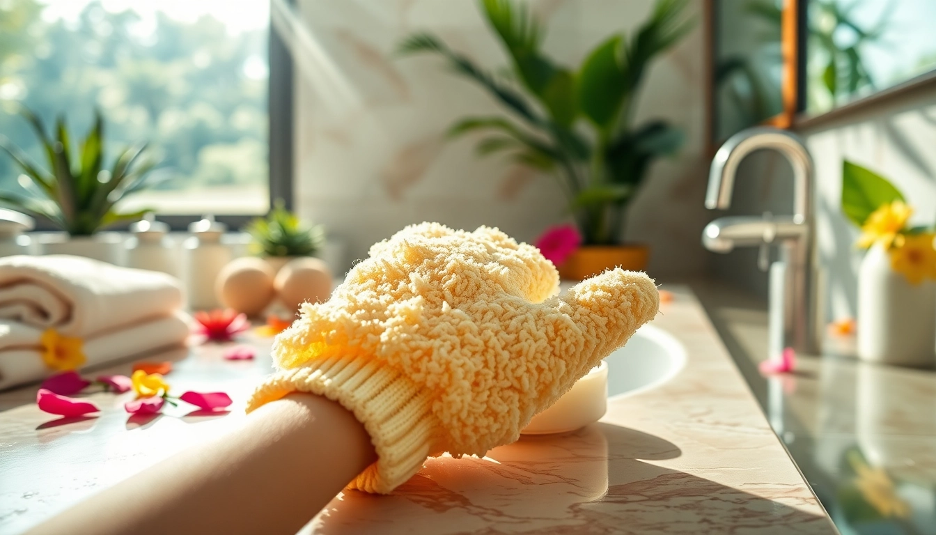 Clean your skin effectively with a hand loofah glove featuring vibrant colors and spa ambiance.