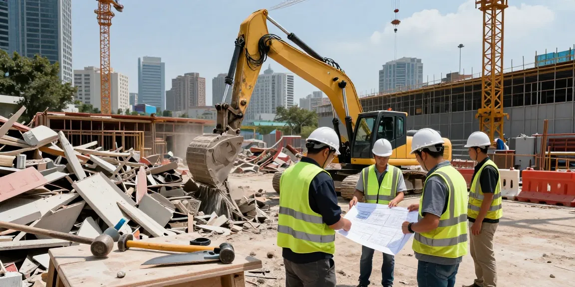 Professional demolition contractor managing urban site with team and equipment for safe demolition.