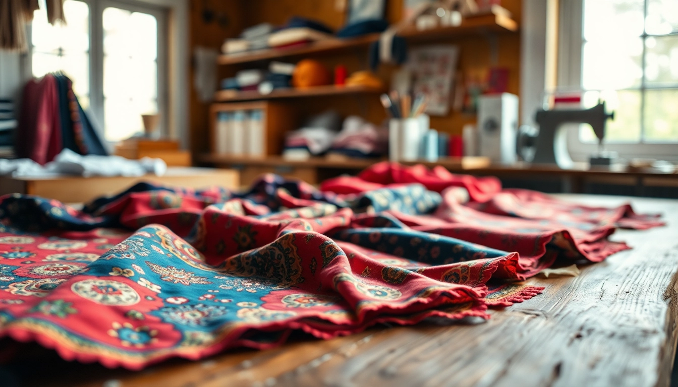 Sewing kant stof voor kleding displayed on a wooden table with vibrant colors and textures.