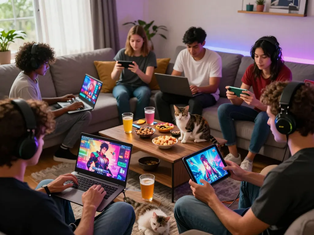 Group of gamers enjoying engaging hentai games on laptops and tablets in cozy living room.