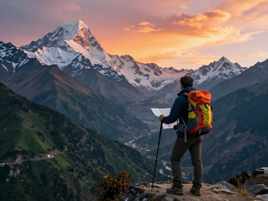 Annapurna Circuit Trek traveler viewing sunset over majestic mountains and valleys, showcasing adventure in Nepal.