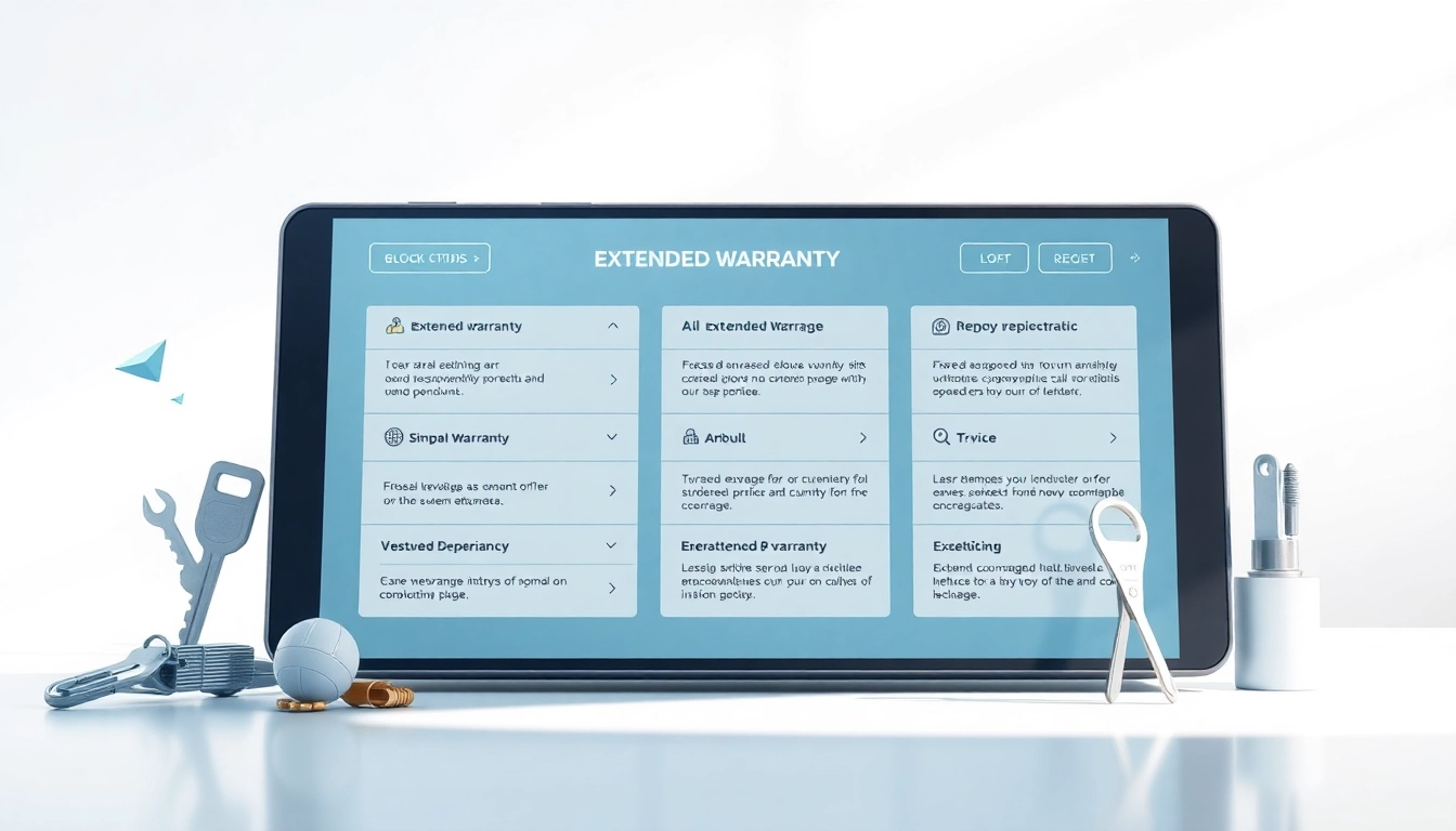 Showcase of extended warranty coverage options with a digital interface and repair tools