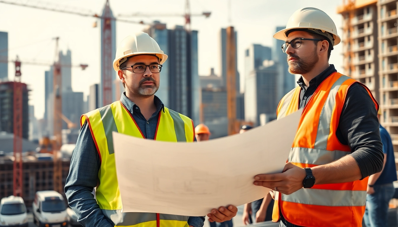 Manhattan Construction Manager supervising a construction site with blueprints and urban background.
