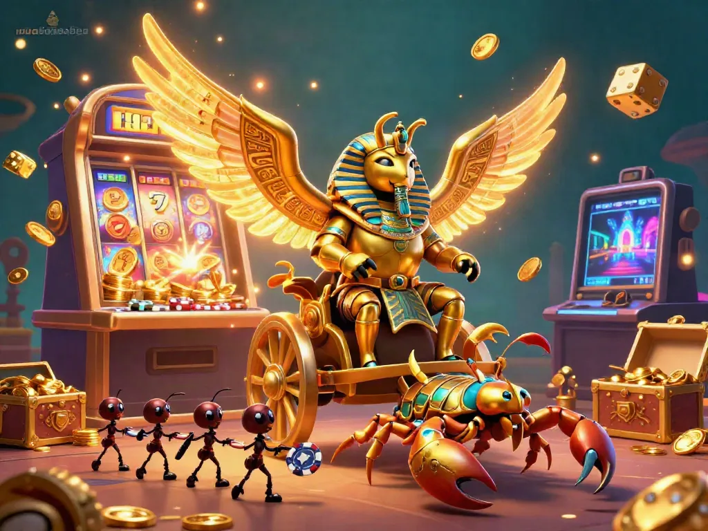 Engage with the excitement of เกมสล็อตยอดนิยม as a pharaoh's golden scarab beetle, alongside jewel-encrusted scorpions, leads a vibrant jackpot scene.