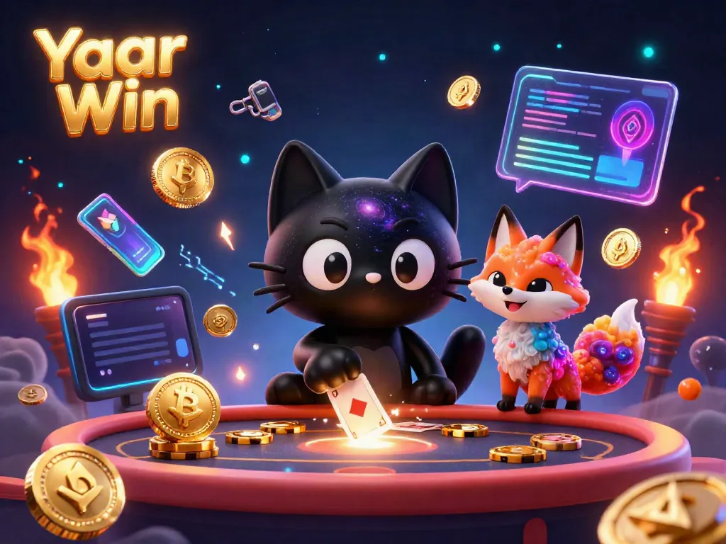 Experience the captivating Yaar Win cosmic gaming with a black hole cat and nebula fox.