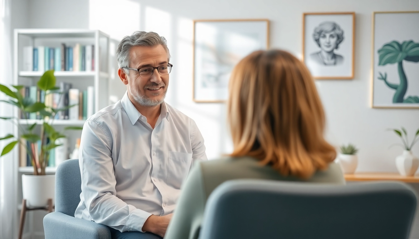 A therapist discussing depression symptoms with a contemplative patient in a calming environment.