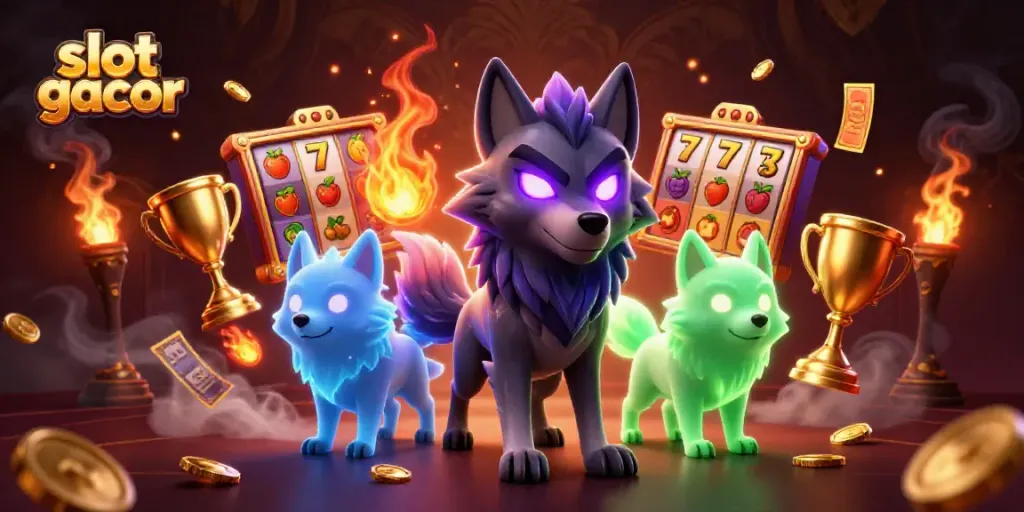 Engage in fantastic slot gacor adventures with ghostly wolves and vibrant slot symbols.