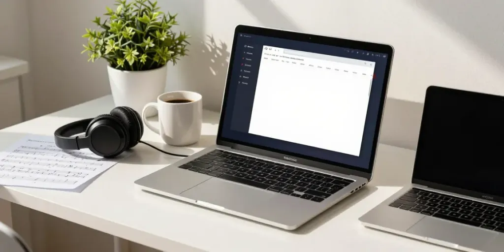 在明亮的办公环境中，展示了汽水音乐Mac版下载的应用程序，体现了音乐爱好者的创意氛围。