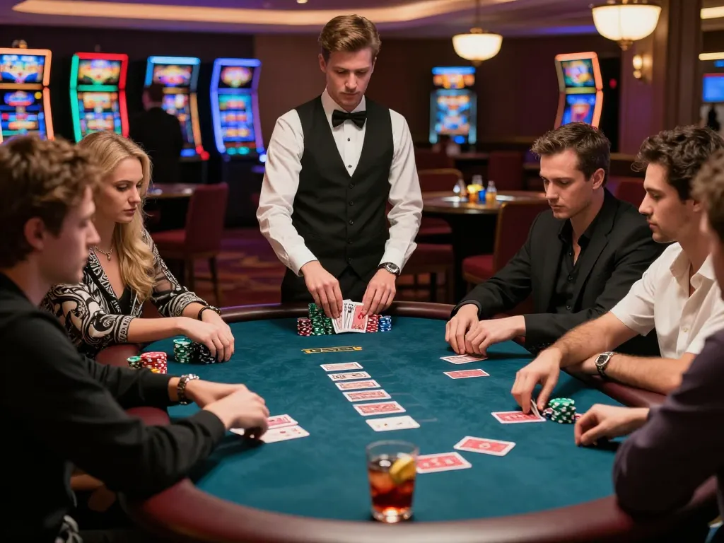 Exciting poker game in upscale casino showcasing players engaged in action using nano banana 3 editing for enhanced strategy.