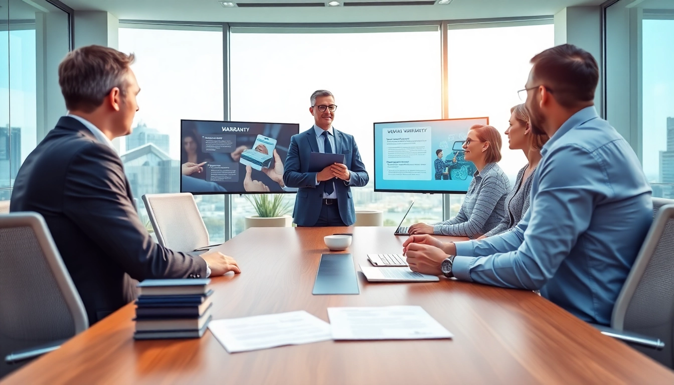 Engaging expert led warranty company discussion on warranty services in a modern office.
