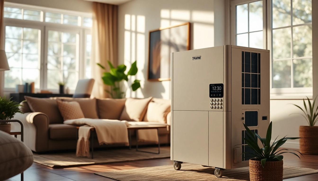Install a Trane heat pump in a cozy and modern indoor living space.