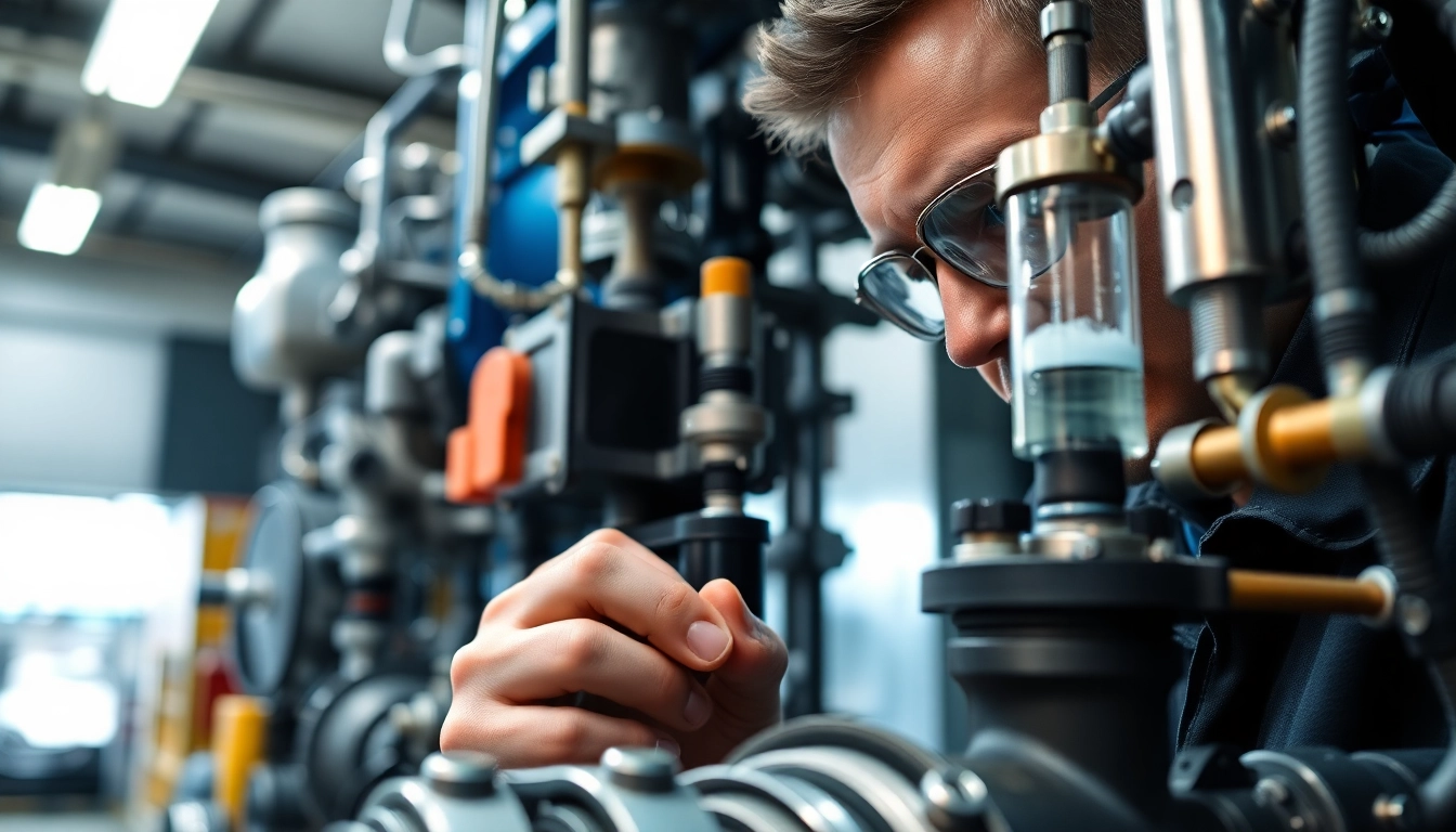 Technician performing hydraulic system maintenance by checking fluid levels and filters.