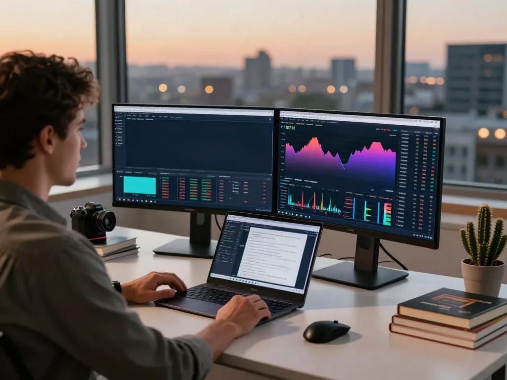 Focused trader using TradingView charts in a modern home office