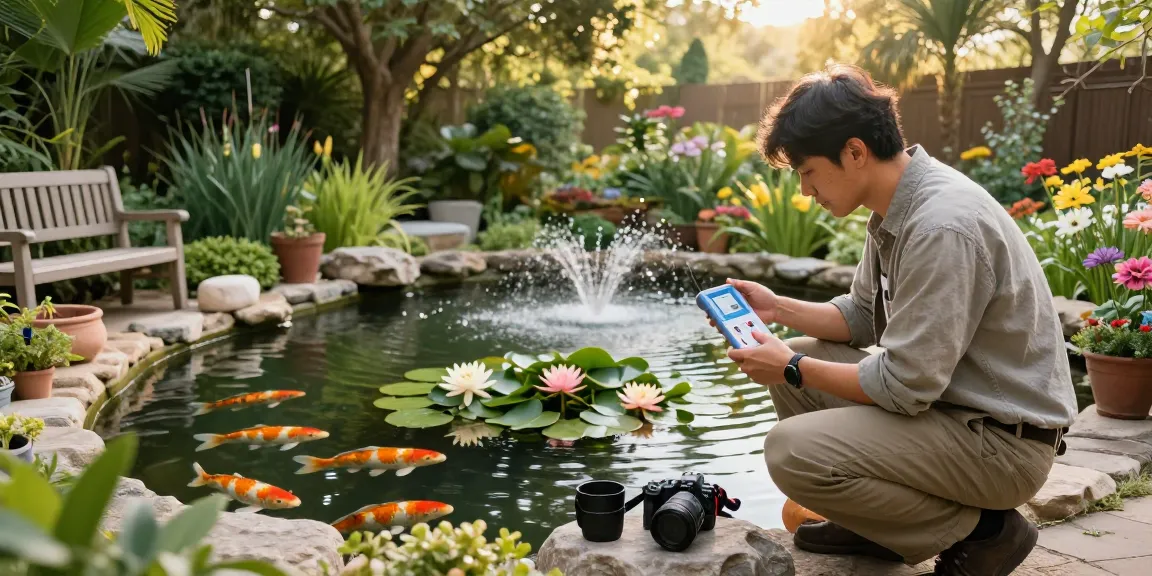 Pond specialist testing water quality in vibrant koi pond surrounded by lush greenery.