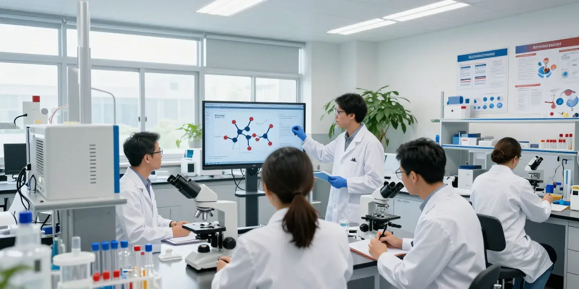 Team of researchers at swiss chems labs collaborating on peptide synthesis in modern laboratory.