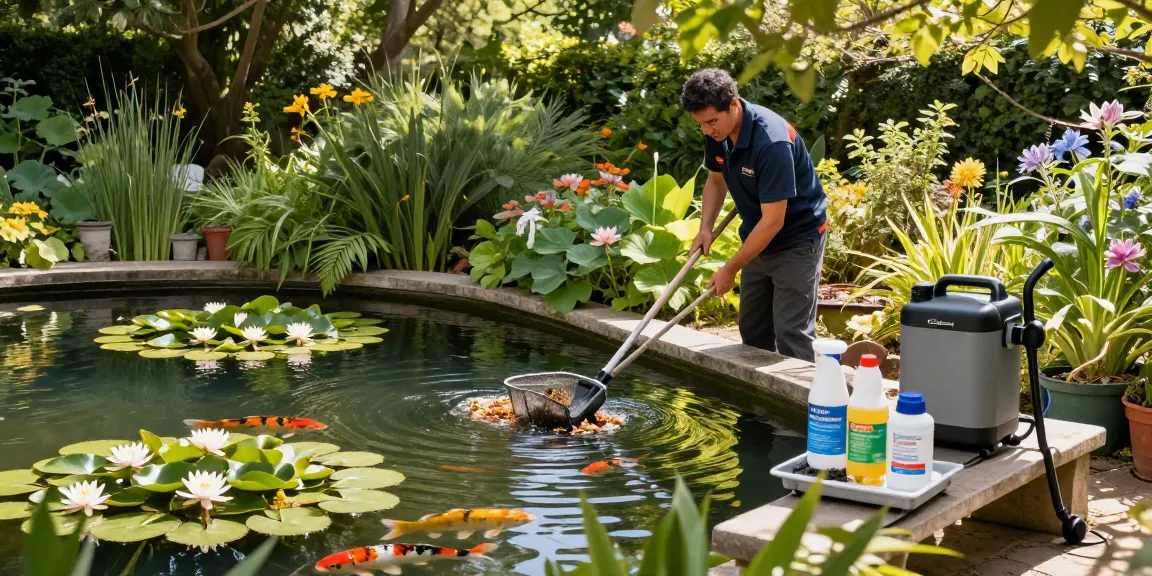 Pond Cleaning Surrey professional cleaning a serene garden pond, showcasing vibrant nature and maintenance tools.