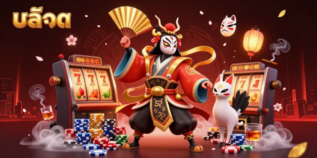 Experience the thrill of สล็อต with a captivating 3D casino scene featuring iconic elements and characters.