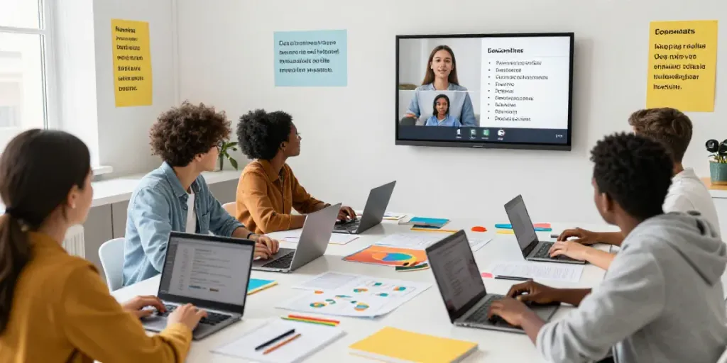 Interactive learning environment showcasing students studying English with laptops in a dynamic online course.