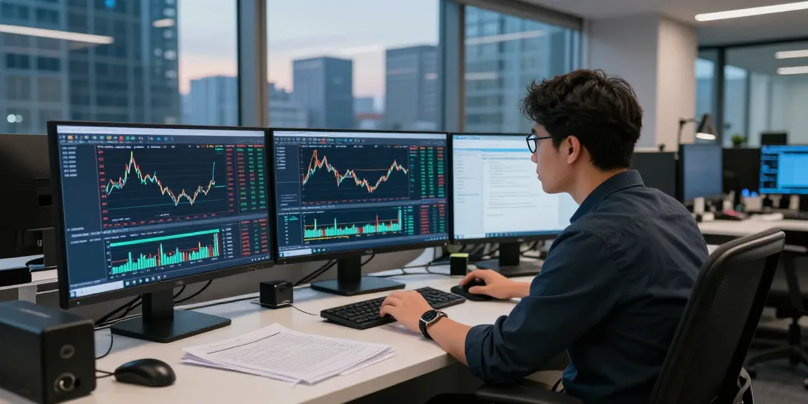 Trader using MetaTrader 5 in a modern office, analyzing market data and indicators.