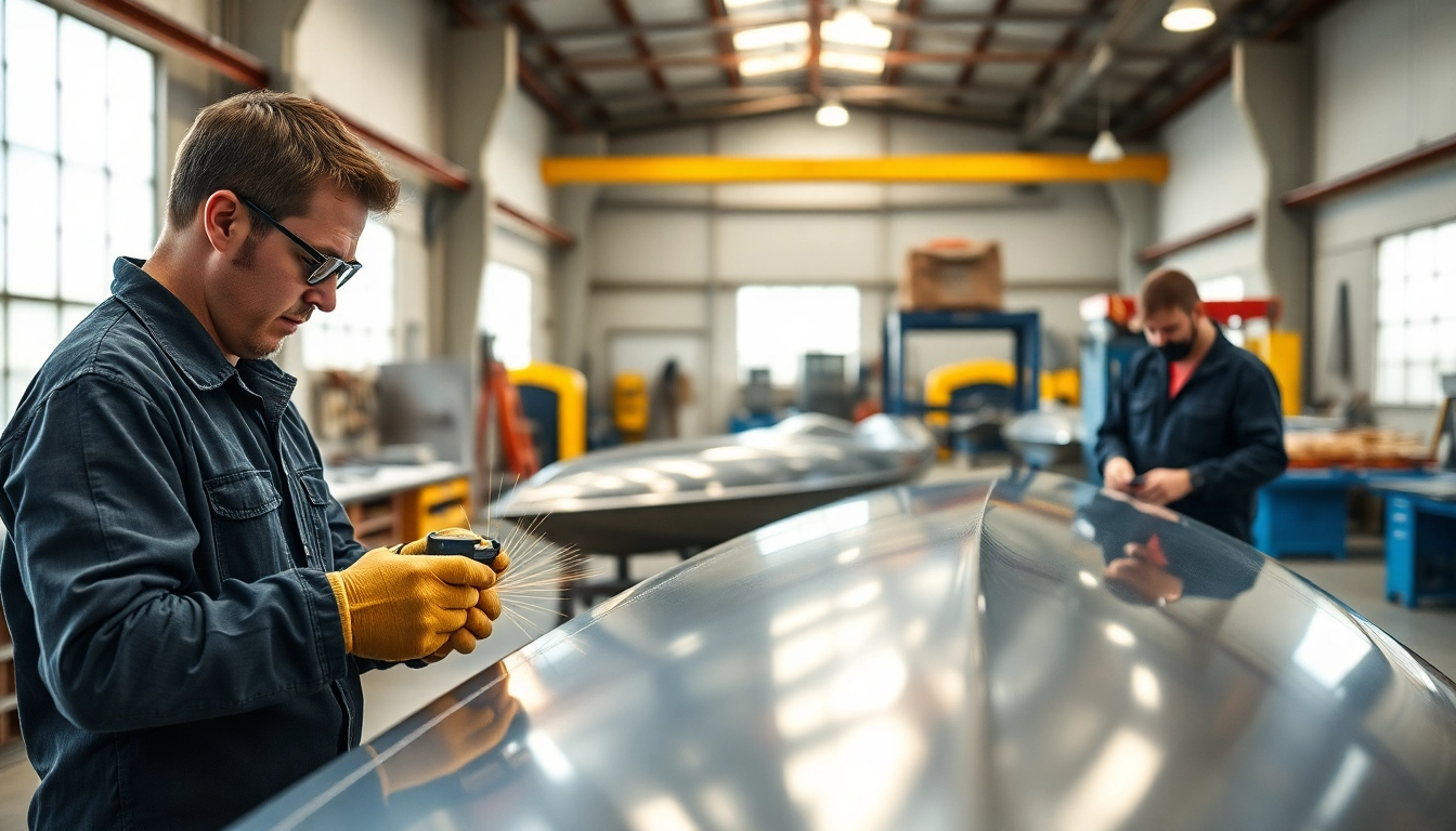 Skilled technician at fab tech Industries inc manufacturing a custom aluminum boat in the workshop.