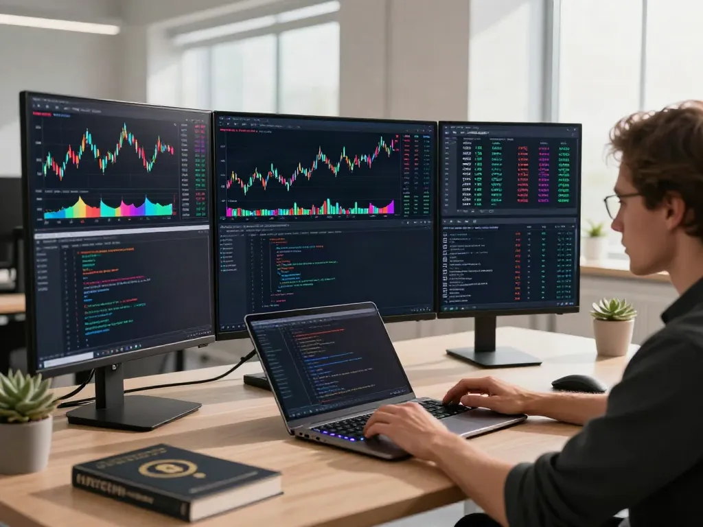 Japan stock market API data analysis on multiple screens in a professional trading workspace.
