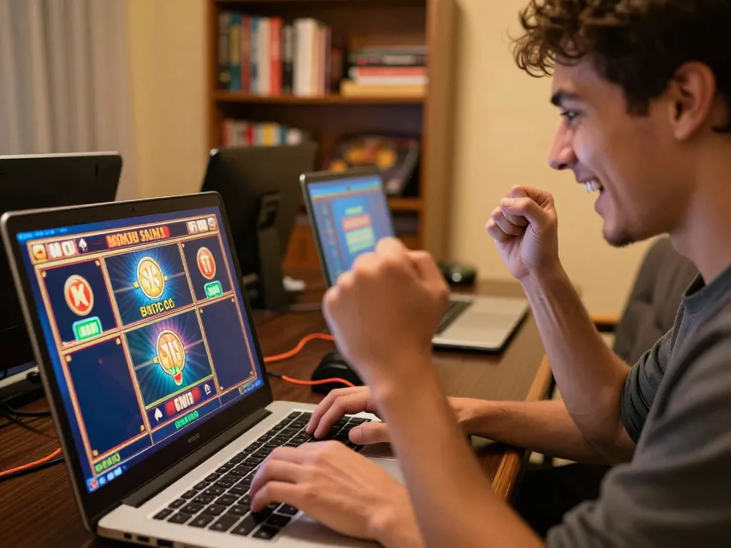Player enjoying a win while gaming online at 3win actor, celebrating a jackpot in a cozy setting.