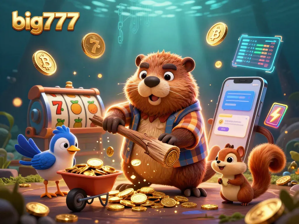 Experience winning fun with big777 as a cartoon beaver collects gold coins in a vibrant casino scene.