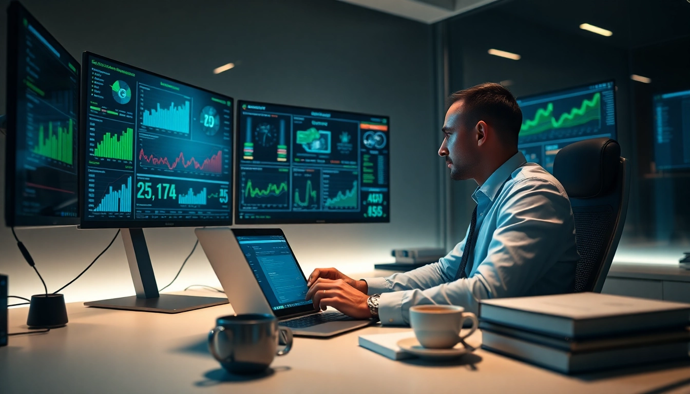 Cybersecurity analyst working on infosec data analysis in a modern office setup.