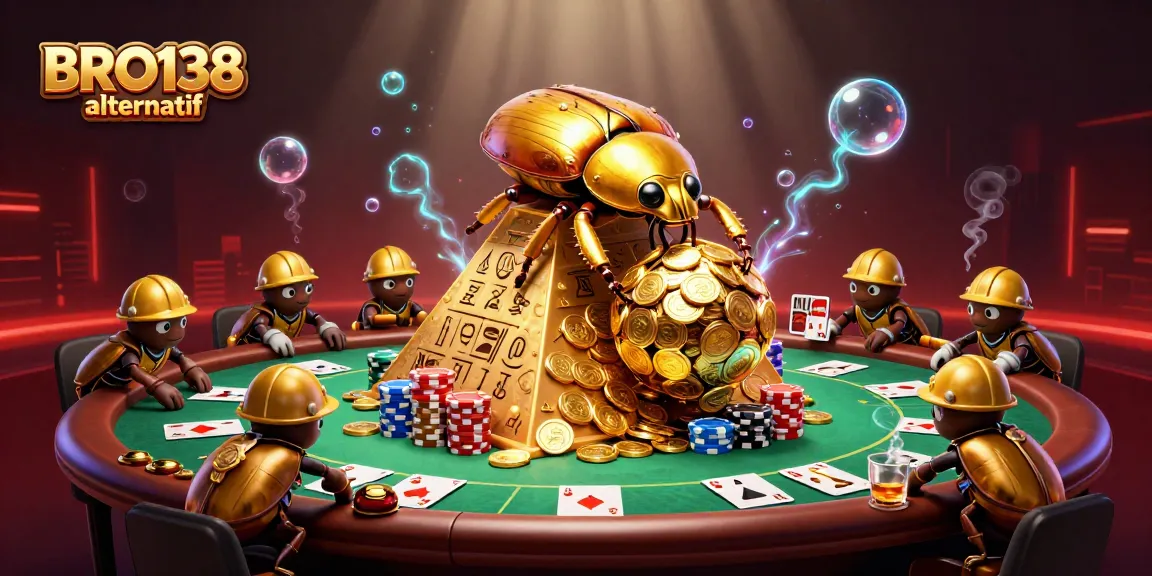 Engage with BRO138 alternatif casino thrills featuring vibrant beetles amidst gold coins and poker elements.