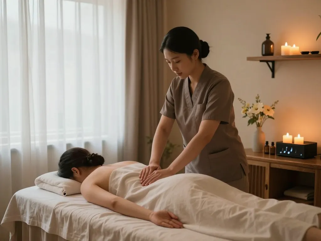 Soothing atmosphere at a 1인샵 spa featuring a therapist giving a calming massage.