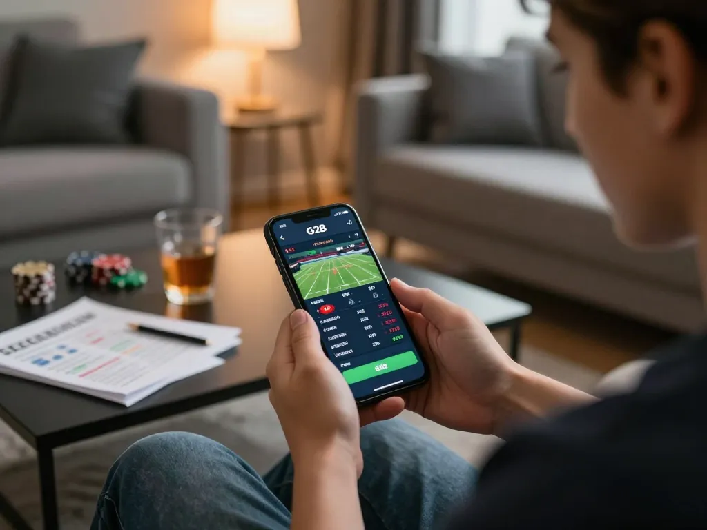 Engaging moment of a bettor exploring the g28 bookmaker app for live sports betting