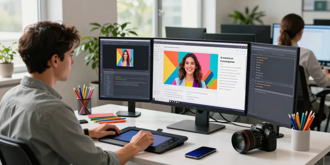 A dynamic digital workspace showcasing an AI prompt image generator in action with vibrant screens and creative elements.