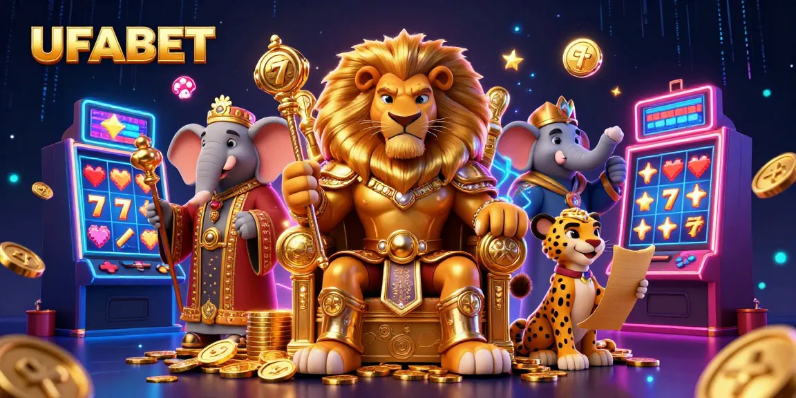Experience thrilling gameplay at UFABET with a vibrant 3D casino scene including lions, elephants, and colorful slot machines.